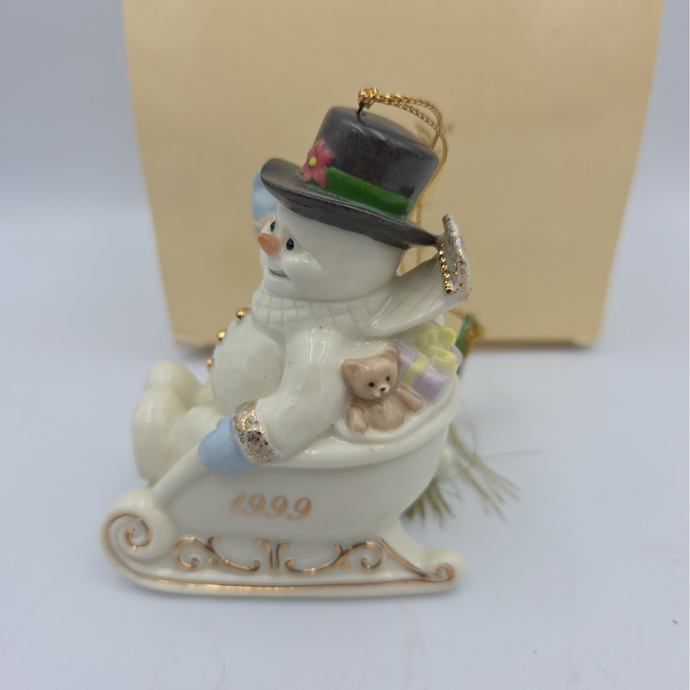Lenox Snowman Porcelain Ornament in Box Certificate 1999 Sleigh Full of Smiles